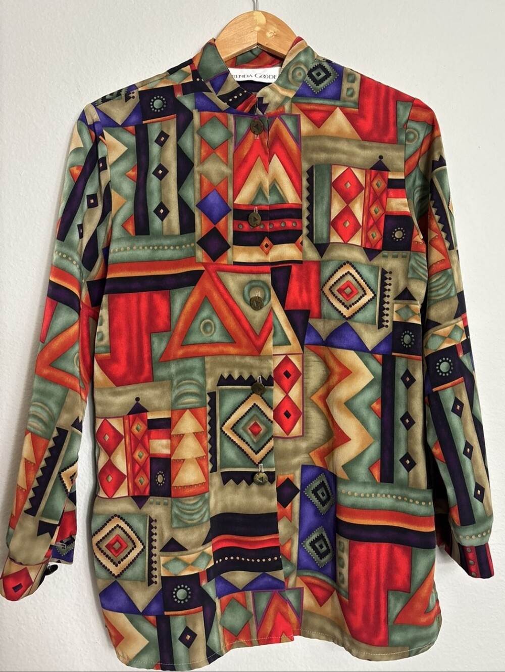 Brenda Goode Womens |M| 80s/90s Aztec/Geometric Mandarin Collar Print Shirt